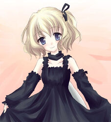  bbb_(twintailbiyori) black_dress blonde_hair blue_eyes blush closed_mouth collarbone detached_sleeves dress efa female hair_ribbon katahane long_sleeves looking_at_viewer photoshop_(medium) ribbon short_hair side_ponytail smile solo upper_body 