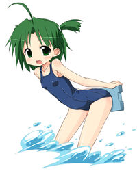  :d ahoge aikei arched_back arms_behind_back bare_shoulders bent_over blue_one-piece_swimsuit blush breasts covered_nipples female flat_chest green_eyes green_hair kickboard leaning_forward looking_at_viewer nagasarete_airantou one-piece_swimsuit open_mouth parted_bangs school_swimsuit short_hair short_twintails simple_background small_breasts smile solo splashing split_mouth standing swimsuit twintails wading water water_drop white_background yukino_(nagasarete_airantou) 