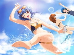  3girls akino_takehiko barefoot bikini blue_hair brown_hair day duplicate feet game_cg kataoka_tomo kicking lens_flare mizuiro multiple_girls one_eye_closed red_eyes shindou_mutsuki short_hair sunglasses swimsuit tankini water 