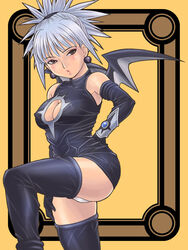  bat_wings black_thighhighs breasts brown_eyes cleavage cleavage_cutout clothing_cutout covered_nipples earrings female grey_hair halterneck jewelry komori_aimi leg_lift medium_breasts panties senbata-rou shadow_lady solo thighhighs turtleneck underwear wings 