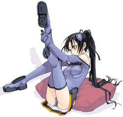  bare_shoulders black_eyes black_hair black_ribbon blue_footwear blue_gloves blue_leotard blue_thighhighs blush boots breasts elbow_gloves female from_side full_body gloves hair_ribbon headgear high_ponytail ichijou_eika kneepits leaning_back leg_hold legs_up leotard long_hair looking_to_the_side medium_breasts motion_slit photoshop_(medium) pillow pilot_suit ponytail ribbon satou_atsuki shadow simple_background sitting sky_girls solo thigh_boots thighhighs very_long_hair white_background 