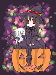  2girls animal_ears black_hair blue_eyes chronica chronicle_2nd halloween jack-o&#039;-lantern lowres multiple_girls pantyhose pumpkin red_eyes rukia_(sound_horison) shima_hinako sound_horizon white_hair 