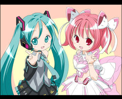  2girls :d android aqua_eyes aqua_hair aqua_necktie armor back_bow bare_shoulders black_skirt blush bow breasts busou_shinki buttons chibisuke_machine collared_shirt crossover detached_sleeves doll_joints dot_nose eyelashes frilled_shirt frills grey_shirt hair_intakes hairbow hatsune_miku huge_bow joints letterboxed long_hair looking_at_viewer lucky_star medium_hair midriff motteke!_serafuku multiple_girls necktie parody pink_background pink_eyes pink_hair pleated_skirt pointing schmetterling shirt shoulder_tattoo skirt sleeveless sleeveless_shirt small_breasts smile tattoo trait_connection twintails very_long_hair vocaloid white_bow white_skirt 