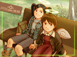  2girls aaru_sentou_shuudan angel bag belt bench black_hair blue_eyes boots brown_eyes haibane_renmei hair_ornament hairclip halo holding_hands jacket light_brown_hair looking_away midori_(haibane) multiple_girls paper_bag rakka_(haibane) skirt turtleneck twintails wings 