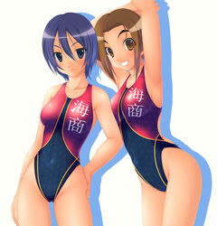  2girls arm_grab armpits arms_up ass ass_grab back blue_eyes blue_hair blush brown_eyes brown_hair clothes_writing competition_swimsuit grabbing_own_ass grin groin highleg highleg_swimsuit ishii_akira kenkou_zenrakei_suieibu_umishou kise_sanae leaning_forward looking_at_viewer multiple_girls naughty_face navel one-piece_swimsuit orizuka_momoko photoshop_(medium) shiny_clothes shiny_skin short_hair simple_background skin_tight smile standing swimsuit translated 