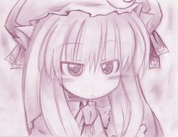  blush_stickers crescent crescent_hat_ornament female hat hat_ornament long_hair mogito monochrome no_nose patchouli_knowledge portrait purple_theme sketch solo touhou tsurime 