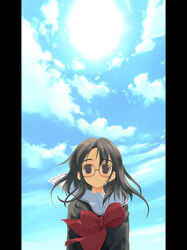  brown_eyes brown_hair cloud day female glasses kurihara_touko photoshop_(medium) pillarboxed school_uniform sky solo tenshi_no_inai_12-gatsu yaegashi_nan 