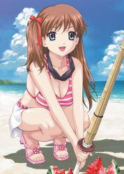  :d amamiya_momona bare_arms bare_shoulders beach bikini bikini_skirt black_blindfold blindfold blindfold_around_neck blue_eyes breasts brown_hair cleavage cloud day feet female fingernails floral_print food fruit full_body hair_ribbon happoubi_jin happy high_heels highres holding holding_sword holding_weapon large_breasts long_fingernails looking_at_viewer medium_breasts ocean official_art one_side_up open_mouth outdoors palm_tree pink_bikini pink_footwear resort_boin ribbon sandals scan shadow shinai shoes sky smile solo squatting striped_bikini striped_clothes suikawari swimsuit sword tiptoes tree two-handed unworn_blindfold v_arms watermelon weapon 