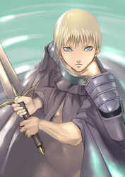  armor blonde_hair blue_eyes bottomless cape claymore_(series) female jean_(claymore) lake mikel_(4hands) photoshop_(medium) short_hair solo sword weapon 