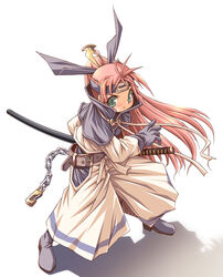  asuka_(fuurai_no_shiren) belt chains female fighting_stance fuurai_no_shiren gloves green_eyes headband photoshop_(medium) ponytail ready_to_draw sheath sheathed shiragi solo sword weapon 