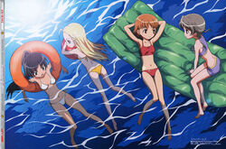  2000s_(style) 4girls absurdres afloat ahoge armpits arms_behind_head ass back ball barefoot beachball bikini black_eyes black_hair blonde_hair blue_eyes elise_von_dietrich eye_contact flat_chest from_above grey_hair highres ichijou_eika inflatable_raft innertube kawada_tsuyoshi long_hair looking_at_another lying megami_magazine multiple_girls navel non-web_source official_art on_back open_mouth orange_hair outstretched_arms photoshop_(medium) ponytail purple_bikini red_bikini red_eyes sakurano_otoha scan short_hair shorts side-tie_bikini_bottom sitting sky_girls smile sonomiya_karen sports_bikini spread_arms surprised swim_ring swimsuit tankini twintails water white_bikini yellow_bikini 