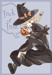  august_(coyote_ragtime_show) black_dress blonde_hair blue_background boots braid coyote_ragtime_show dress female green_eyes halloween hat jack-o&#039;-lantern pumpkin short_hair smile solo takano_natsuki trick_or_treat witch_hat 