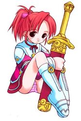  artist_request boots female panties red_hair sanary solo striped_clothes striped_panties summon_night summon_night:_swordcraft_story sword underwear weapon 