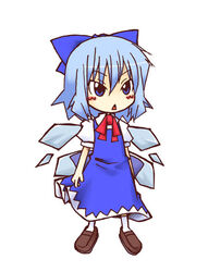  arms_at_sides blue_bow blue_dress blue_eyes blue_hair blush bow brown_footwear chibi cirno dress female full_body ice ice_wings loafers mogito neck_ribbon open_mouth ribbon shoes short_hair simple_background socks solo standing touhou triangle_mouth white_background wings 