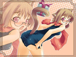  animal_ears ass back black_one-piece_swimsuit blush brown_hair cat_ears fat_mons female flat_chest gift glasses legs monika_(hannama) one-piece_swimsuit original purple_eyes red_scarf scarf school_swimsuit short_hair soine solo surprised swimsuit tail valentine zoom_layer 