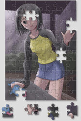  black_eyes black_hair bob_cut female hikikomori_alien jigsaw_puzzle nakahara_misaki nhk_ni_youkoso! outdoors pencil_skirt puzzle raglan_sleeves short_hair skirt solo 