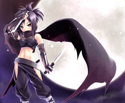  ayame_(tenchuu) bare_shoulders crop_top elbow_gloves female gloves groin hip_vent midriff navel ninja scarf sleeveless solo sword tachibana_surimu tenchuu weapon 