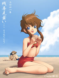  1boy 2girls afterimage angelic_layer artist_name barefoot beach bikini circle_garyuu cloud day feet holding holding_shell kizaki_tamayo kobayashi_kotarou multiple_girls open_mouth outdoors sand seashell shell short_hair_with_long_locks sidelocks sitting sky suzuhara_misaki swimsuit translation_request wariza 