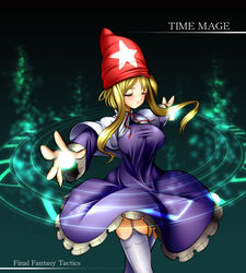  blonde_hair breasts closed_eyes dress female final_fantasy final_fantasy_tactics garter_belt gunner-l hat large_breasts magic solo thighhighs time_mage time_mage_(fft) 