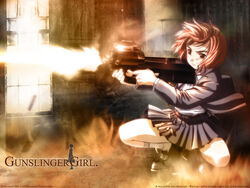  bob_cut brown_eyes brown_hair bullpup cardigan female fire firing gun gunslinger_girl henrietta_(gunslinger_girl) holding holding_gun holding_weapon ishii_kumi left-handed logo muzzle_flash official_art open_cardigan open_clothes p90 photoshop_(medium) short_hair skirt solo squatting submachine_gun third-party_edit watermark weapon 