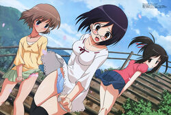  3girls absurdres black_hair blue_eyes blue_hair blush brown_eyes brown_hair dress glasses hair_ribbon highres hiratsuka_tomoya hoshino_asami jewelry long_hair magazine_scan megami_magazine multiple_girls myself_yourself necklace official_art open_mouth orange_eyes oribe_aoi outdoors panties photoshop_(medium) ponytail ribbon scan short_hair skirt thighhighs underwear wakatsuki_shuri wind wind_lift 