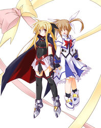  2girls arm_belt belt blonde_hair bow cape closed_eyes fate_testarossa fate_testarossa_(lightning_form) fingerless_gloves gloves lyrical_nanoha magical_girl mahou_shoujo_lyrical_nanoha mahou_shoujo_lyrical_nanoha_a&#039;s mizuno_minato multiple_girls pelvic_curtain pink_skirt red_bow red_eyes red_hair showgirl_skirt skirt takamachi_nanoha takamachi_nanoha_(sacred_mode) thighhighs twintails zettai_ryouiki 