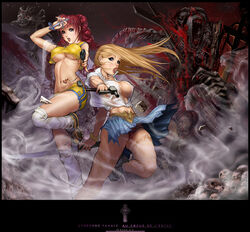  2girls blonde_hair breasts celtic_cross commentary cross english_commentary gun handgun hoon large_breasts latin_cross monster multiple_girls open_clothes open_shirt original photoshop_(medium) red_hair shirt skirt sword underboob weapon 