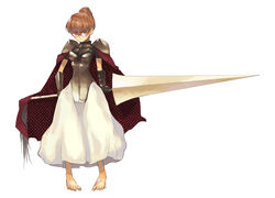  amamiya_ten&#039;ya arm_guards armor barefoot boobplate breasts brown_hair cape closed_mouth copyright_request female full_body glasses hair_bun holding holding_polearm holding_weapon lance legs_apart long_skirt medium_breasts pigeon-toed polearm red-framed_eyewear red_cape red_eyes scar scar_on_foot scar_on_leg short_hair shoulder_armor simple_background single_hair_bun skirt solo standing toenails weapon white_background white_skirt 