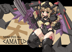  artist_request black_footwear blonde_hair blush boots breasts covered_navel female green_eyes gundam gundam_astray_gold_frame_amatsu_mina_custom gundam_seed gundam_seed_astray large_breasts leotard letterboxed looking_at_viewer mecha_musume simple_background skin_tight solo thigh_boots thighhighs yellow_background 