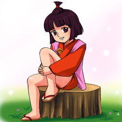  female grin haruyama_kazunori hugging_own_legs ikkyuusan interlocked_fingers knee_up long_sleeves looking_at_viewer lowres own_hands_together sandals sayochan sitting smile solo topknot tree_stump 