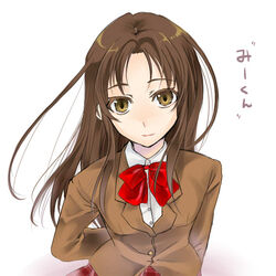  blazer brown_eyes brown_hair female hisaba_iori jacket light_smile long_hair misono_mayu school_uniform smile solo translated upper_body usotsuki_mii-kun_to_kowareta_maa-chan 