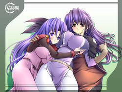  2girls breasts cape gunner-l hug huge_breasts multiple_girls purple_hair raquel_casull ribbon scrapped_princess zefiris 