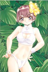  aruto_(kokoro_toshokan) ass_visible_through_thighs bikini blue_eyes blush breasts cleavage collarbone cowboy_shot female flower glasses groin hair_flower hair_ornament hand_on_own_hip head_tilt hibiscus highres kokoro_toshokan leaf looking_at_viewer medium_breasts navel parted_lips purple_hair round_eyewear short_hair solo source_request sweatband swimsuit takagi_nobuyuki white_bikini wristband 