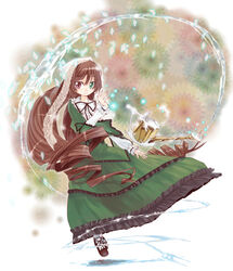  brown_hair dress female full_body green_dress green_eyes head_scarf heterochromia katou_kouki layered_dress long_hair long_sleeves looking_at_viewer red_eyes rozen_maiden solo suiseiseki 