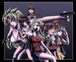  6+girls company_connection creator_connection crossover el_cazador_de_la_bruja ellis_(el_cazador_de_la_bruja) gun handgun madlax madlax_(character) margaret_burton mireille_bouquet multiple_girls nadie noir_(anime) sig_p210 sig_sauer sleeveless sleeveless_turtleneck turtleneck weapon yuumura_kirika 