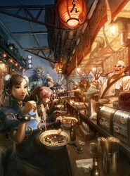  4girls 6+boys arnold_tsang bat_wings black_eyes black_hair bottle bowl breasts brown_eyes brown_hair bun_cover capcom china_dress chinese_clothes chopsticks chun-li commentary crossover cup demon_girl dishes double_bun dress eating edmond_honda eyeshadow food hair_bun head_wings headband hibiki_dan ibuki_(street_fighter) japanese_clothes kazama_akira lamp large_breasts leo_(warzard) lilith_aensland makeup mega_man_(character) mega_man_(classic) mega_man_(series) multiple_boys multiple_girls night ninja noodles pantyhose pelvic_curtain photoshop_(medium) purple_hair restaurant sawamura_shouma short_hair smile street_fighter street_fighter_ii_(series) street_fighter_iii_(series) street_fighter_zero_(series) tea udon udon_entertainment vampire_(game) victor_von_gerdenheim warzard wings 