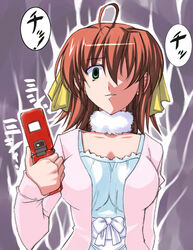  ahoge breasts brown_hair cellphone cleavage collarbone decarabi ef_(visual_novel) electricity evil_smile female fur_collar green_eyes hair_over_one_eye large_breasts looking_at_viewer miyamura_miyako phone short_hair smile solo upper_body yandere 