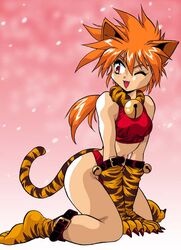  animal_costume animal_ears animal_hands animal_print bell cat_ears copyright_request costume female manabe_jouji solo tail tiger_costume tiger_print 