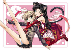  2girls ;p ahoge animal_ears artoria_pendragon_(fate) bad_anatomy black_hair blonde_hair boots cat_ears cat_tail elbow_gloves fate/hollow_ataraxia fate/stay_night fate_(series) gloves green_eyes happy hug kaleido_ruby kneeling legs_up long_hair long_legs miniskirt multiple_girls official_alternate_costume one_eye_closed outstretched_arms panties pantyshot ribbon saber_(fate) sitting skirt smile spread_arms tail thighhighs tohsaka_rin tongue tongue_out underwear upskirt yatsushima_tetsuya 