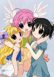  3girls :d ahoge animal_ears black_hair blonde_hair blush brown_eyes cat_ears dress hair_ornament long_hair looking_at_viewer misha_(pita_ten) multiple_girls official_art open_mouth photoshop_(medium) pink_hair pita_ten ponytail purple_eyes rabbit_hair_ornament sakai_kyuuta shia_(pita_ten) shorts simple_background smile uematsu_koboshi wings 