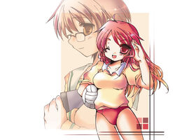  2girls ;d ahoge aihara_mizuho ball blush book buruma crossed_arms glasses gym_uniform head_tilt multiple_girls one_eye_closed open_mouth over-rim_eyewear red_hair semi-rimless_eyewear shinjou_saori shirt shizuku_(game) short_sleeves smile standing volleyball volleyball_(object) yellow_shirt yoroi_nau 