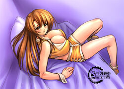  bed blush breasts bursting_breasts cleavage crop_top female gunner-l huge_breasts legs long_hair looking_back lunar_wing lying midriff milka_(lunar_wing) no_bra on_back orange_eyes orange_hair pillow shorts smile solo wrist_cuffs 