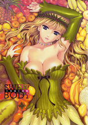  apple armpits artbook avocado banana bare_shoulders berry blonde_hair breasts cantaloupe cleavage corset detached_sleeves dress duplicate earrings elbow_gloves female food fruit gloves grapes green_dress happoubi_jin headband highres jewelry large_breasts leaf lemon long_hair looking_at_viewer looking_up lying mango nashi_pear necklace orange_(fruit) original papaya pear persimmon photoshop_(medium) pineapple purple_eyes solo starfruit strawberry text_focus watermelon 