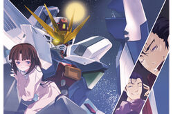  2boys after_war_gundam_x black_hair blue_eyes blue_hair brown_hair dress female glowing glowing_eyes gundam gundam_x_divider long_hair mecha moon multiple_boys olba_frost one_eye_closed photoshop_(medium) robot ruroo shagia_frost smile space tiffa_adill very_long_hair 