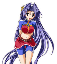  asamiya_athena ass_visible_through_thighs blue_hair crop_top cropped_shirt female hair_ornament long_hair midriff open_mouth simple_background skirt snk solo spandex star_(symbol) star_hair_ornament the_king_of_fighters the_king_of_fighters_2002 white_background yatsushima_tetsuya 