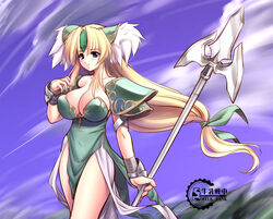  armor blonde_hair blue_eyes breasts cleavage female gunner-l huge_breasts long_hair low-tied_long_hair polearm riesz seiken_densetsu seiken_densetsu_3 solo spear weapon 