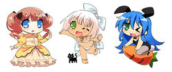  3girls animal_ears bikini carrot chibi dress izumi_konata lita_(rondo_leaflet) long_hair lucky_star multiple_girls one_eye_closed pantyhose playboy_bunny rabbit_ears ribbon robinetta_ashley rondo_leaflet swimsuit twintails youta 