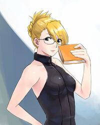  adrian_andrews bare_arms bare_shoulders blonde_hair book breasts brown_eyes closed_mouth female folded_ponytail glasses gyakuten_saiban halterneck hand_on_own_hip hand_up holding holding_book light_smile lipstick looking_at_viewer lowres makeup medium_breasts michael_f91 phoenix_wright:_ace_attorney_-_trials_and_tribulations sleeveless solo upper_body 