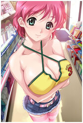  bad_id bad_link belt blue_shorts breast_hold breasts breasts_squeezed_together cleavage clothes_writing criss-cross_halter denim denim_shorts denim_skirt female green_eyes halterneck happoubi_jin highres huge_breasts iihara_nao jeans looking_at_viewer official_art pants photoshop_(medium) pink_hair pink_thighhighs resort_boin short_hair shorts skirt smile solo standing striped_clothes striped_thighhighs thighhighs 