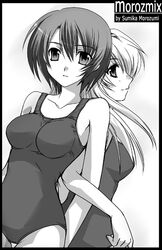  2girls armpit_peek breasts collarbone copyright_name greyscale hair_between_eyes large_breasts locked_arms long_hair monochrome morozumi_junka multiple_girls one-piece_swimsuit original parted_lips school_swimsuit short_hair signature swimsuit 